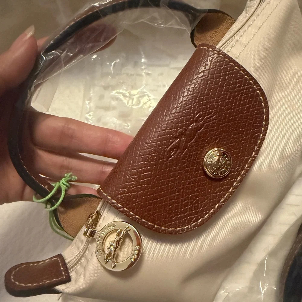 Longchamp Cream Mini Crossbody with Brown Leather Trim